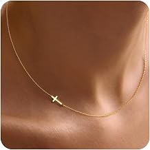Sideway Dainty Cross Necklace for Women Girls, 14K Gold Plated Waterproof Small Cross Choker Necklace Simple Minimalist Pendant, Trendy Cute Religious Faith Baptism Confirmation Gifts for Girls Jewelry