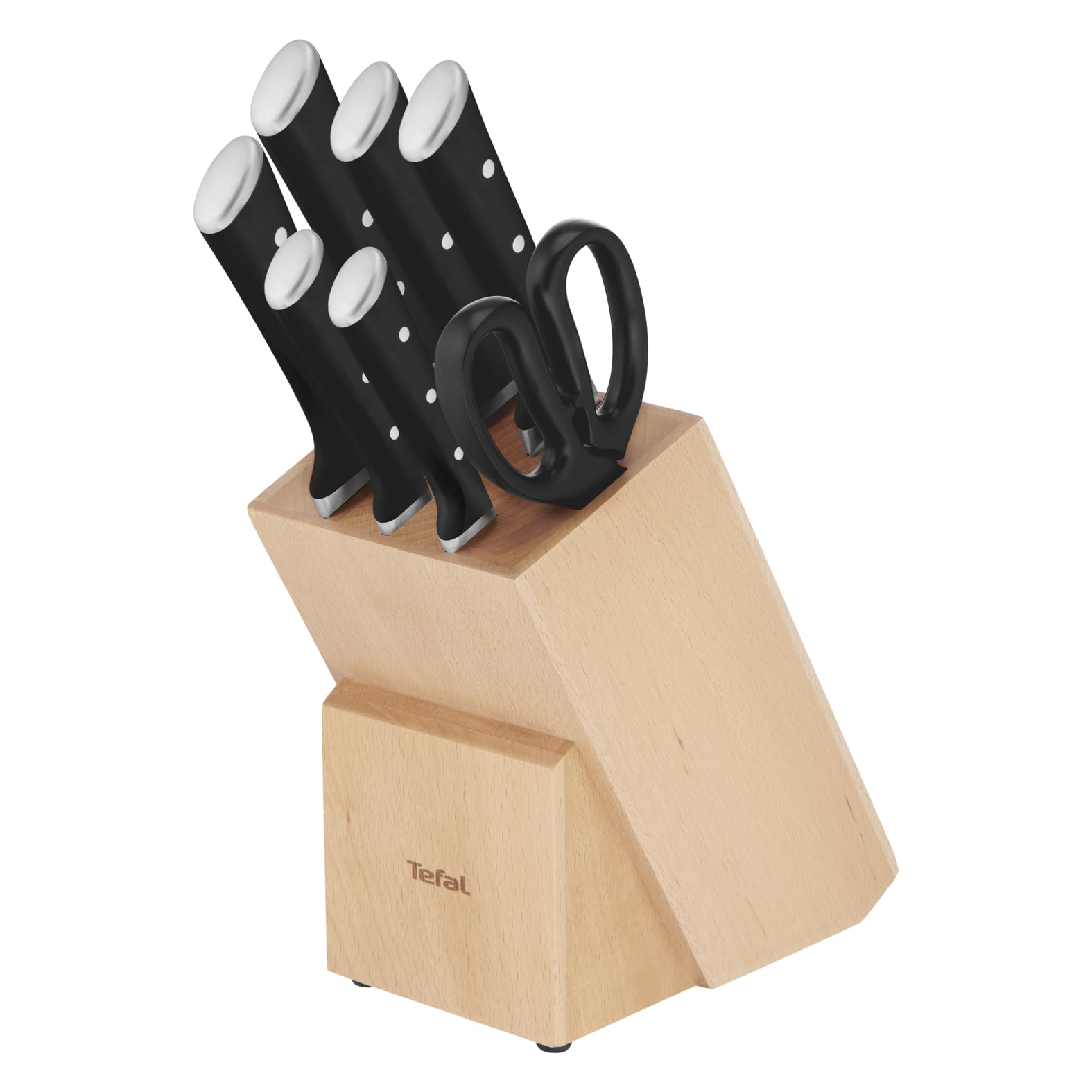 Tefal Ice Force 8-tlg. Messerblock-Set, 6 Messer, 1 Schere, 1 Holz-Messerblock, hochwertiger deutscher Edelstahl, Ice Force Technologie, korrosionsbeständig, schwarz, braun, silber, K232S7