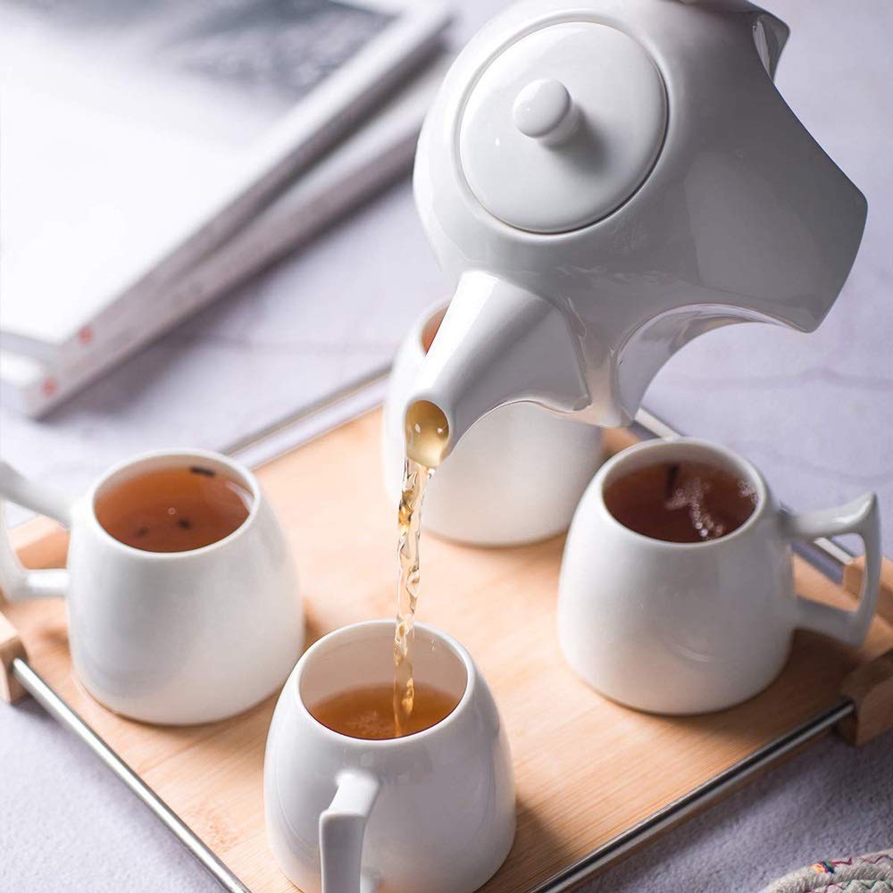 Set di tazzine da caffè in porcellana, set con tazza e piattino, teiera in ceramica, set di tazze da caffè, mini set da tè in porcellana for bere tè, latte, caffè espresso o acqua, inclusa teiera bian