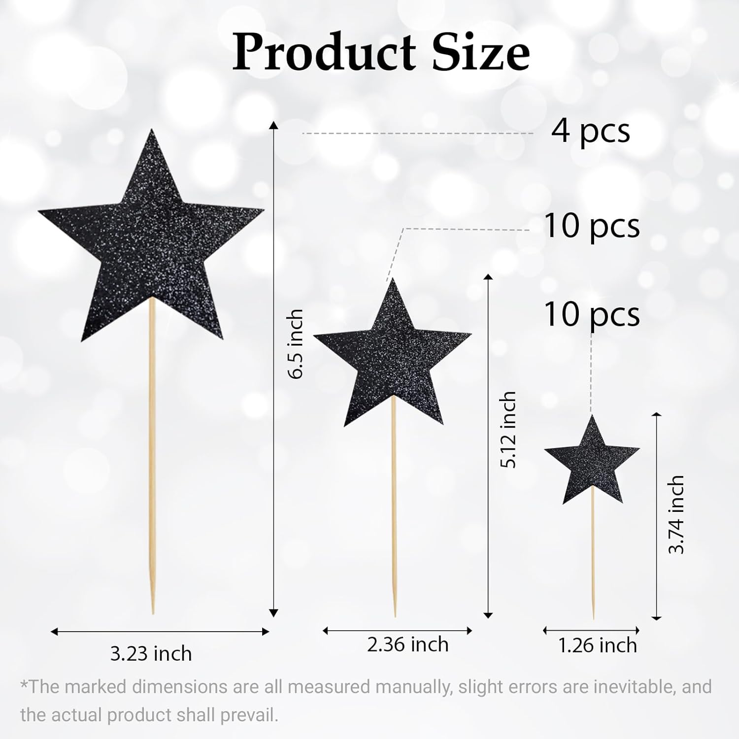 24 PCS Double-sided Black Star Cupcake Toppers Glitter Twinkle Star Cupcake Picks Black Cake Decorations for Wedding New Year Birthday Party Supplies (Mixed Size)