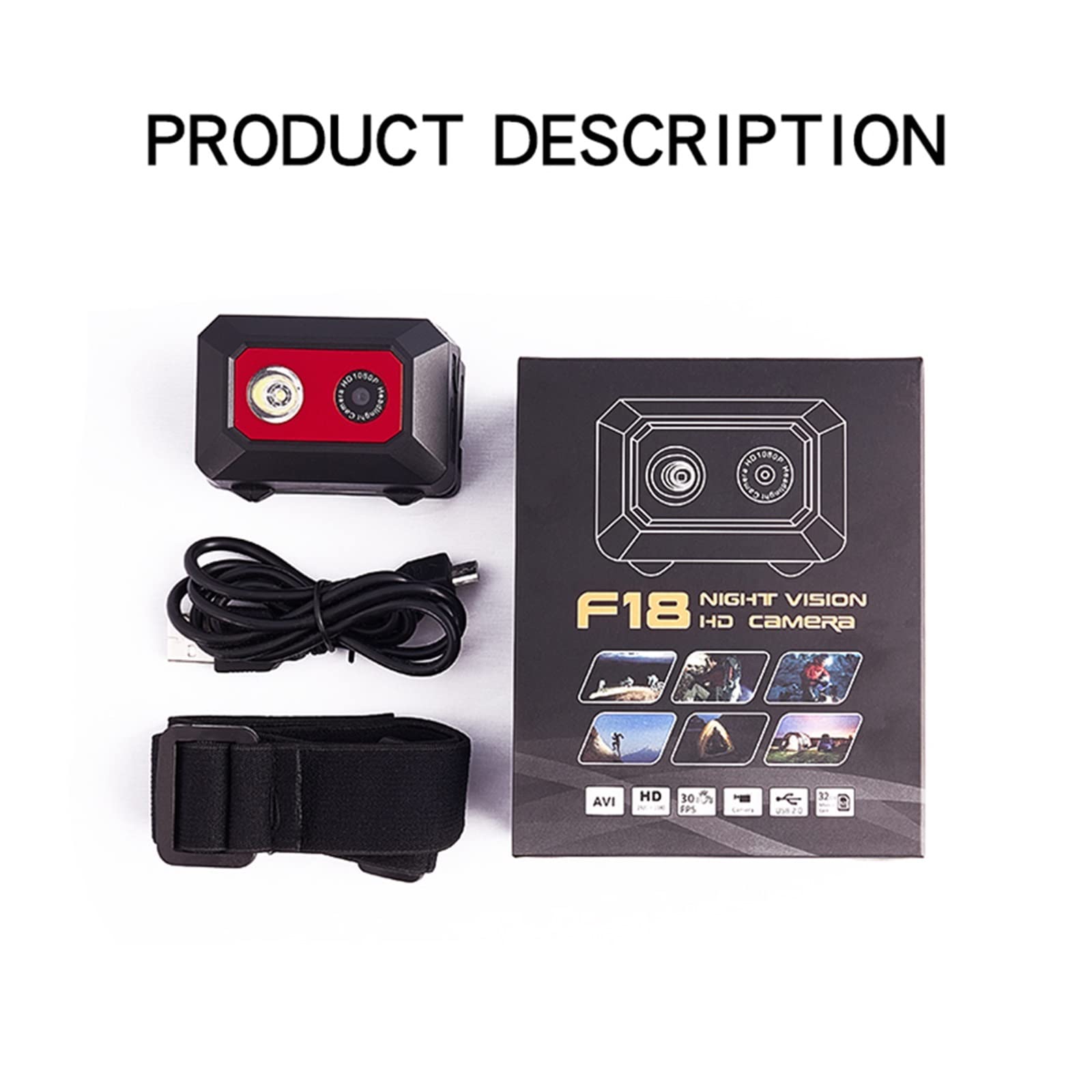 Action Cam, HD 1080P Outdoor Sport Camera F18 Videocamera for Visione Notturna Telecamere d'azione montate sulla Testa Registrazione Video DVR Cam,All'aperto, Sport, Video(32G,Rot)