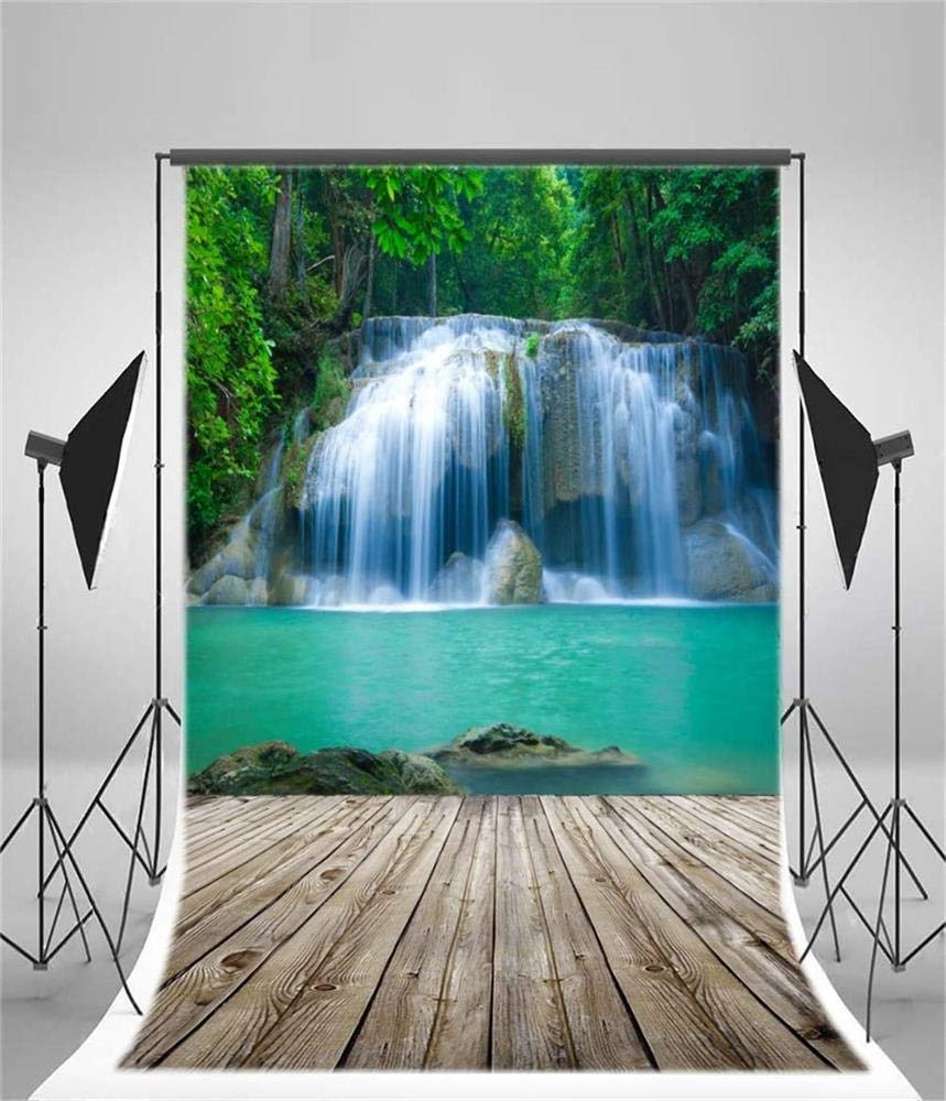 AOFOTO Waterfall Photography Backdrop Nature Landscape Falls Cascades Jungle Mountain Forest River Stream Lake Wooden Board Floor Background Adult Girl Boy Travel Portrait Photo Studio Props: 8x10ft