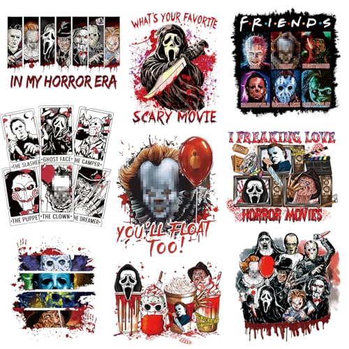 HWQVA 9 Sheets Halloween Iron on Transfers, Horror Vinyl for Clothes