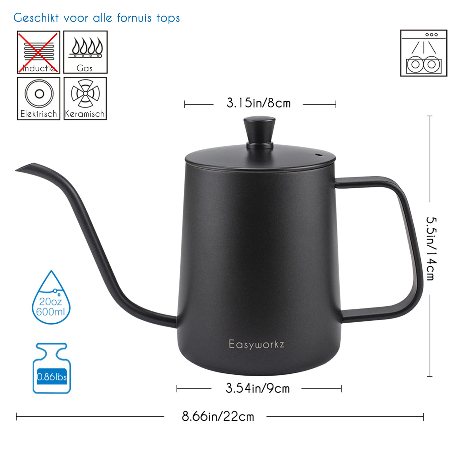 Easyworkz Zwanenhals Giet Over Koffieketel 600 ml met Thermometer, 304 Rvs Koffiepot Met Lange Smalle Uitloop (Zwart