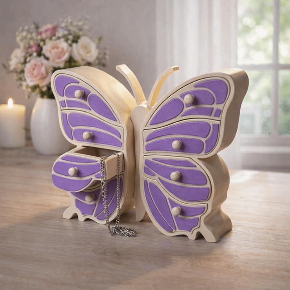 Joyero con capacidad de mariposa, caja de joyería decorativa, cofre del tesoro en forma de mariposa (morado)