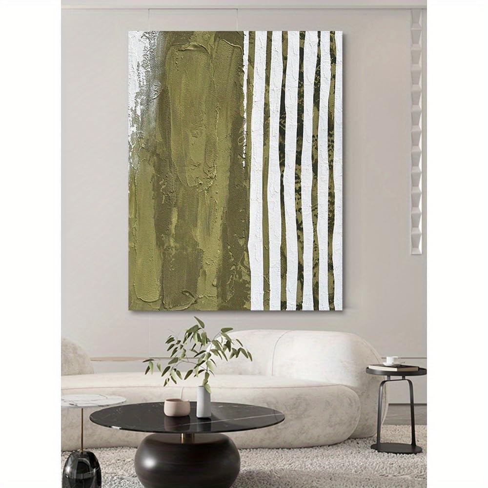 VCBNUGH Decorazione murale astratta verde oliva, stampa su tela a righe bianche, arredamento per la casa verde e bianco, dipinto astratto moderno (50x70 cm/con cornice)