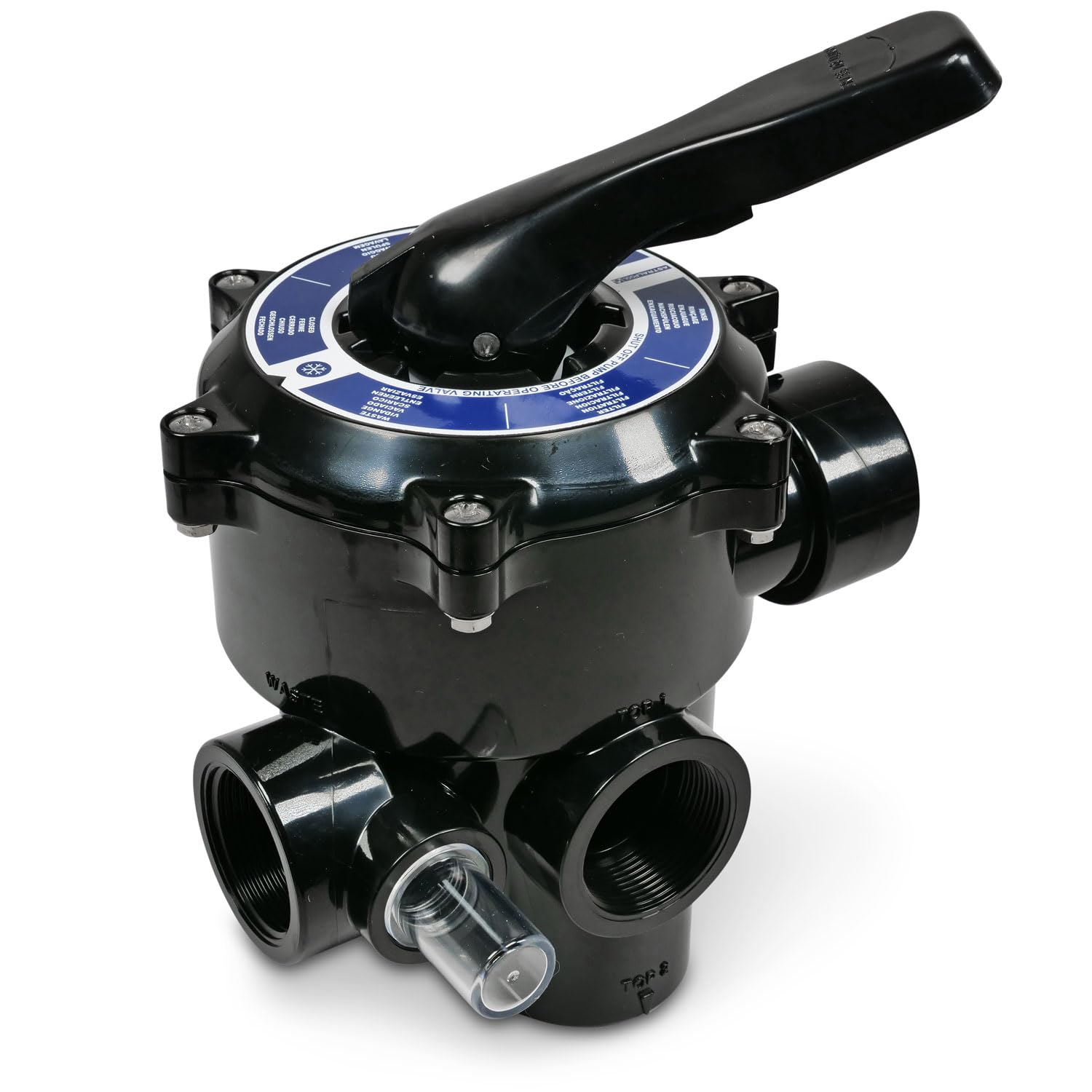 Astral Pool 1 1/2'' Side Mount 6-Wege Ventil schwarz - Mit Anschlussverrohrung und Schauglas - ABS Gehäuse mit PPO Verteiler und EPDM Dichtungen - Für Sandfilteranlagen