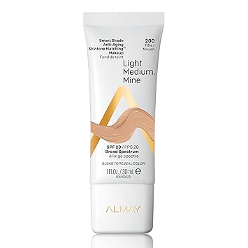Almay Smart Shade Anti-Aging Skintone Matching Makeup, Medium Coverage Natural Finish Foundation with SPF 20, Hypoallergenic, Fragrance Free, Dermatologist Tested, 200 Light Medium Mine, 1 oz