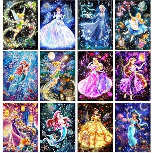 ARPADAMO 12 Pack Princess Diamond Art 5D Princess Diamond Art Kits for Adults DIY Full Drill Diamond Painting Kit Home Wall Decor Diamond Painting(12x16 Inch)