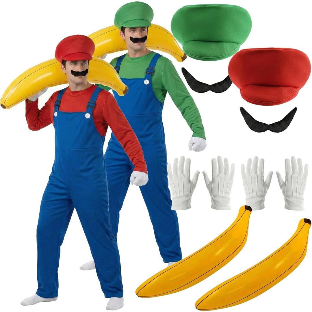 Czerwono-zielony kostium hydraulika dla dorosłych z czerwonym kapeluszem, zielonym kapeluszem, ogrodniczkami, wąsami, rękawiczkami i nadmuchiwanym bananem, zabawny fantazyjny strój na imprezy