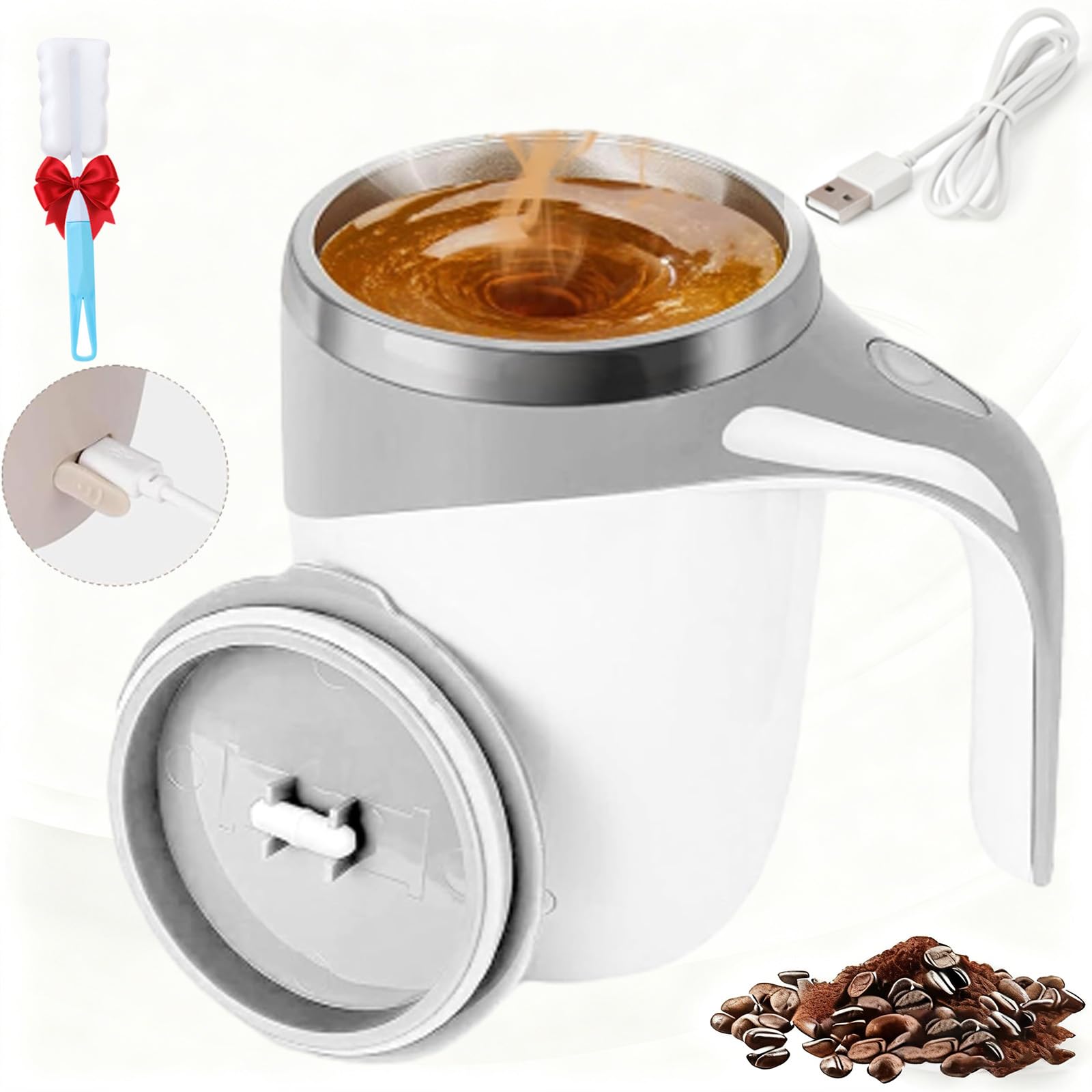 Automatic Magnetic Stirring Coffee Mug, Reusable Electric Stainless Steel Self, Electric Self Stirring Coffee Mug with Lid, Magnetic Stirring Cup Rotating Travel Mixing Cups (Grey-Rechargeable)