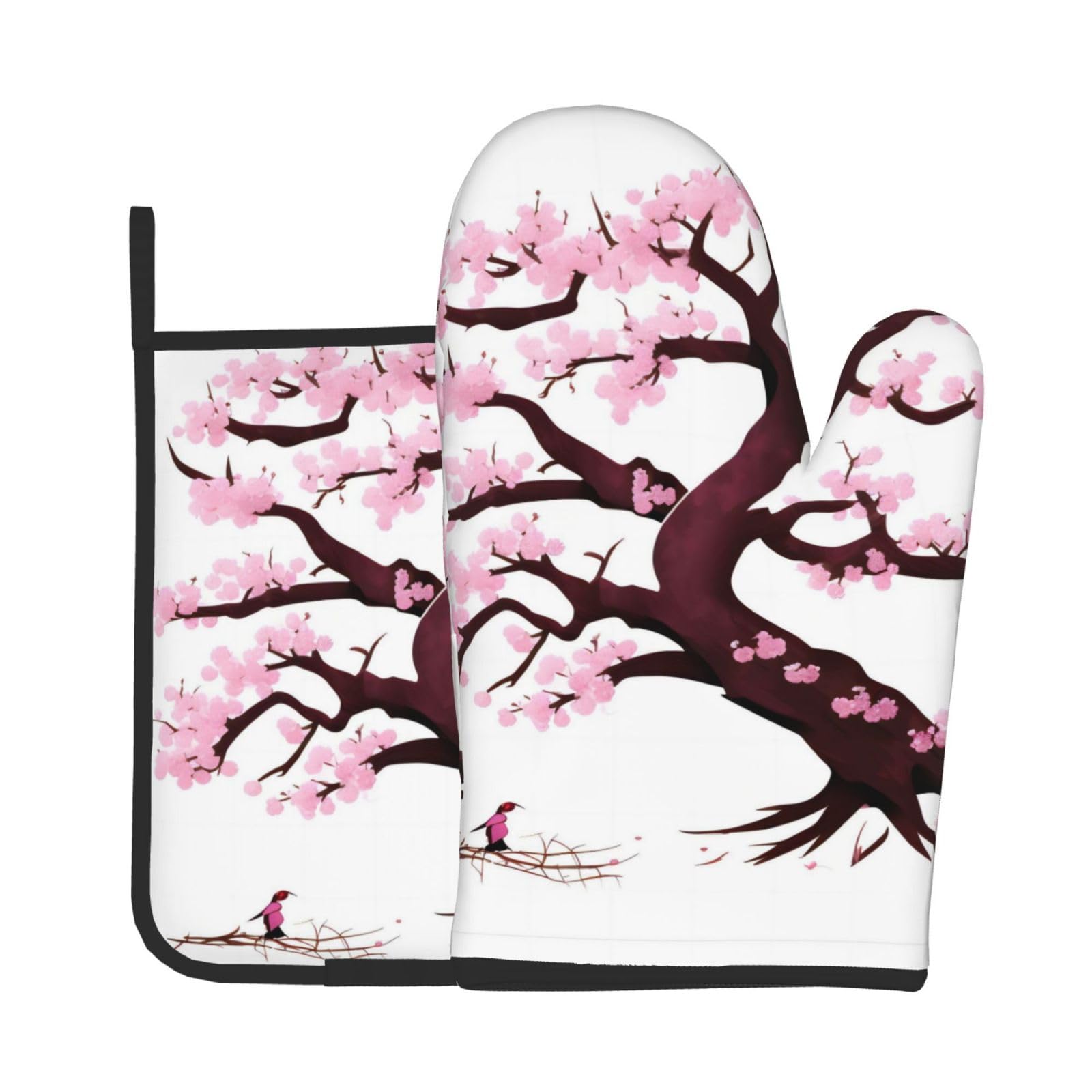 Oven Mitts and Potholders Set of 2 for Kitchen Baking Cooking GrayCherry Blossoms Tree Thick and Durable