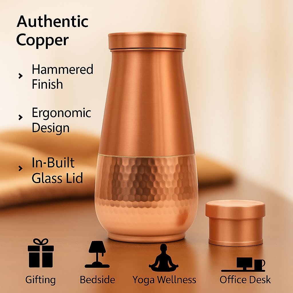 Trinkflasche aus reinem Kupfer, 1000 ml (1 Liter) Nachttischkaraffe mit halbgehämmertem Waben-Design für ayurvedische gesundheitliche Vorteile, auslaufsicher und leicht zu reinigen