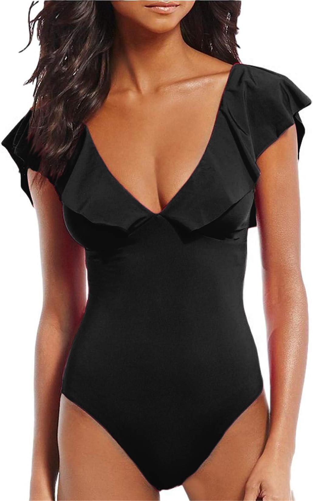 Women's Sexy V-Plunge One-Piece Swimsuit,Studio Solids Ruffle, Black, Size 12.0
