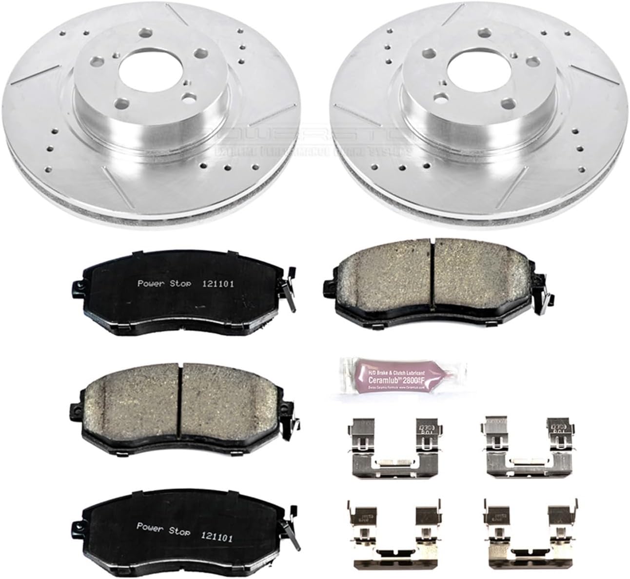 PowerStop Front Brake Kit For Subaru BRZ 2013-16 | Subaru Impreza 2011-16 - Drilled and Slotted Disc Rotors with Ceramic Brake Pads Replacement, K6111