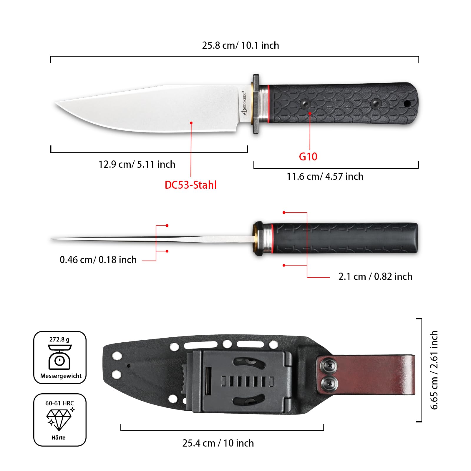 Jagdmesser mit Feststehender Klinge – Outdoor Messer für Männer, EDC, Camping, Angeln & Bushcraft, DC53 Stahl G10 Griff (Weiße Steinwäsche)