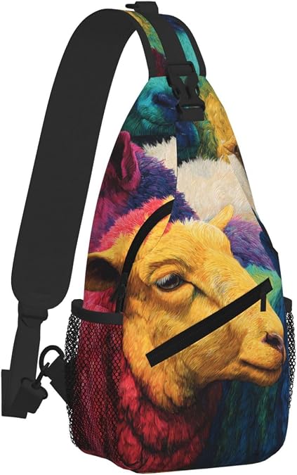 Cross Chest Bag Durable Polyester Material with Unique Multiple Colorful Sheep Print for Commuting and Travel Wearing