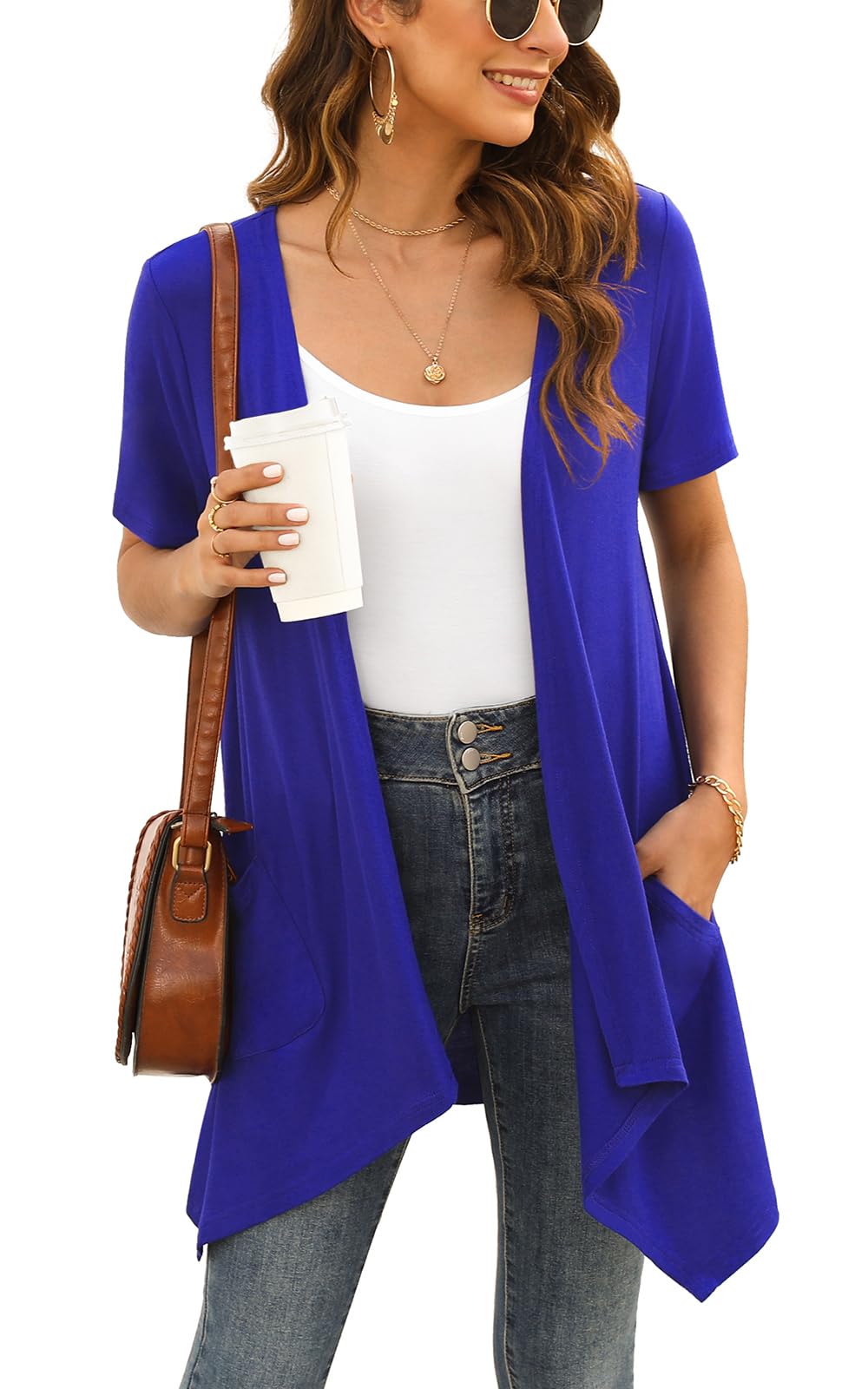 Wiwclo Veryoung Short Sleeve Cardigans for Women Casual Drape Open Front Lightweight Summer Cardigan with Pocket High Low Hem