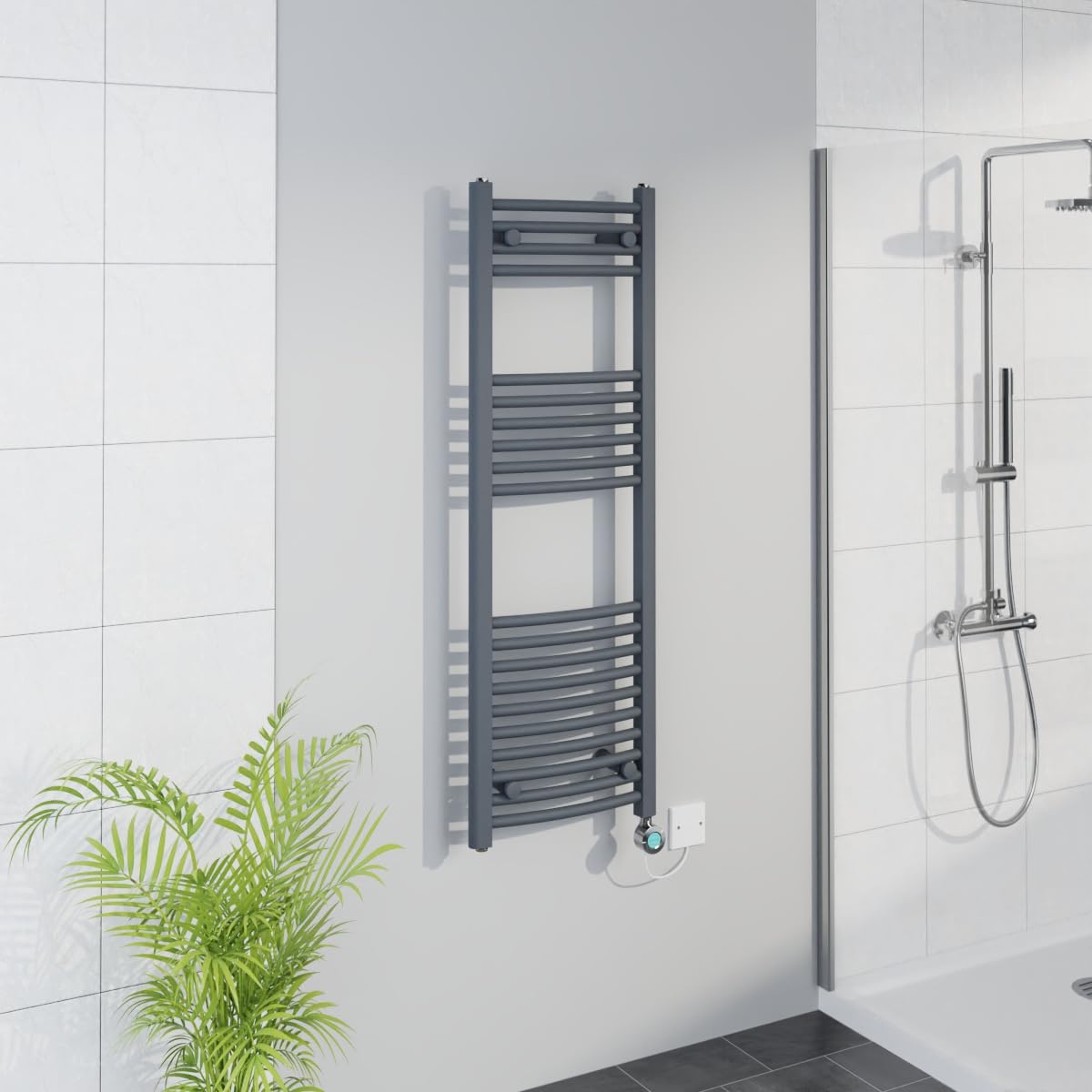 Warmehaus Grey WiFi Electric Curved Towel Rail 1200x400mm Element Chrome