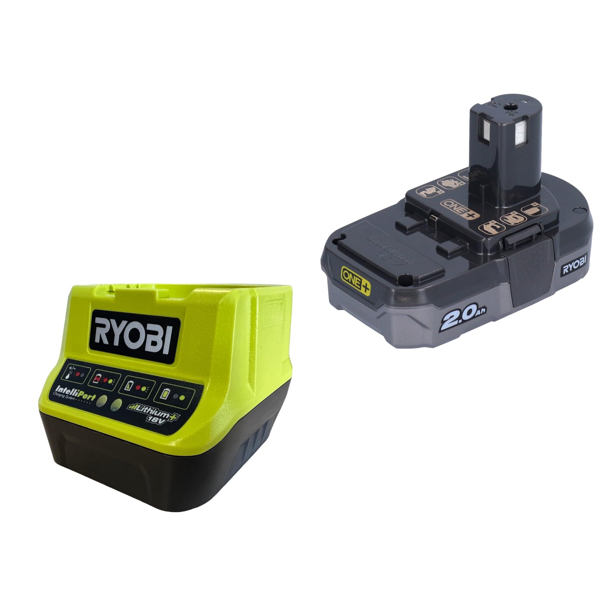 Ryobi Compresseur de Loisirs 18V Gonfleur Livré avec 1 Batterie Lithium+ 18V 2,0 Ah, 1 Chargeur Rapide 2,0 A et 3 Embouts de Gonflage pour Pneus de Voiture, Vélo, Ballons et Autres R18PI-120GJ