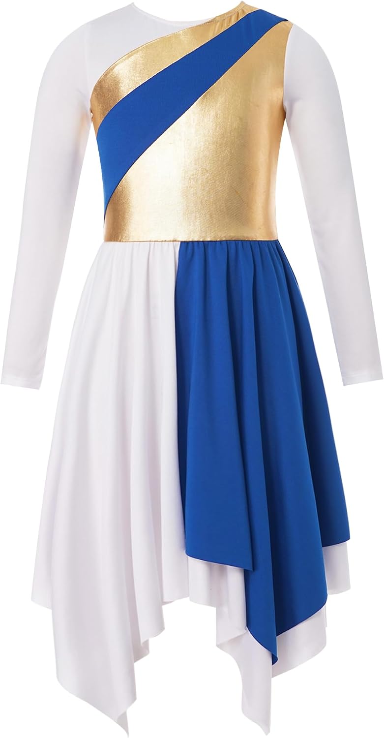 Kids Girls Praise Dance Dress Metallic Gold Liturgical Worship Church Robe Long Sleeve Lyrical Dance Costume