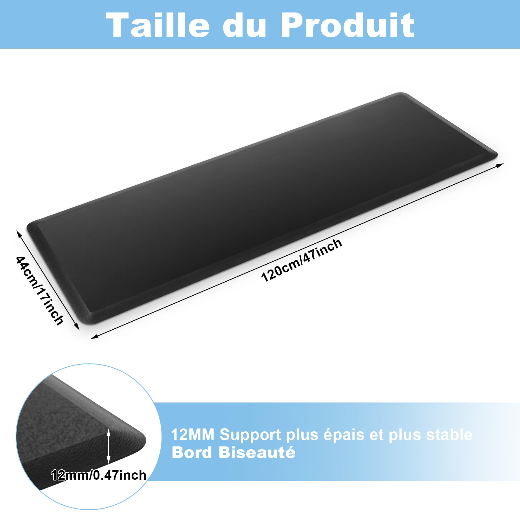 Tapis Anti-Fatigue Cuisine - 44x120cm Tapis de Confort de Sol Antidérapant | Confortable Rembourré Antidérapant pour Bureau Debout Maison Garage(Noir)