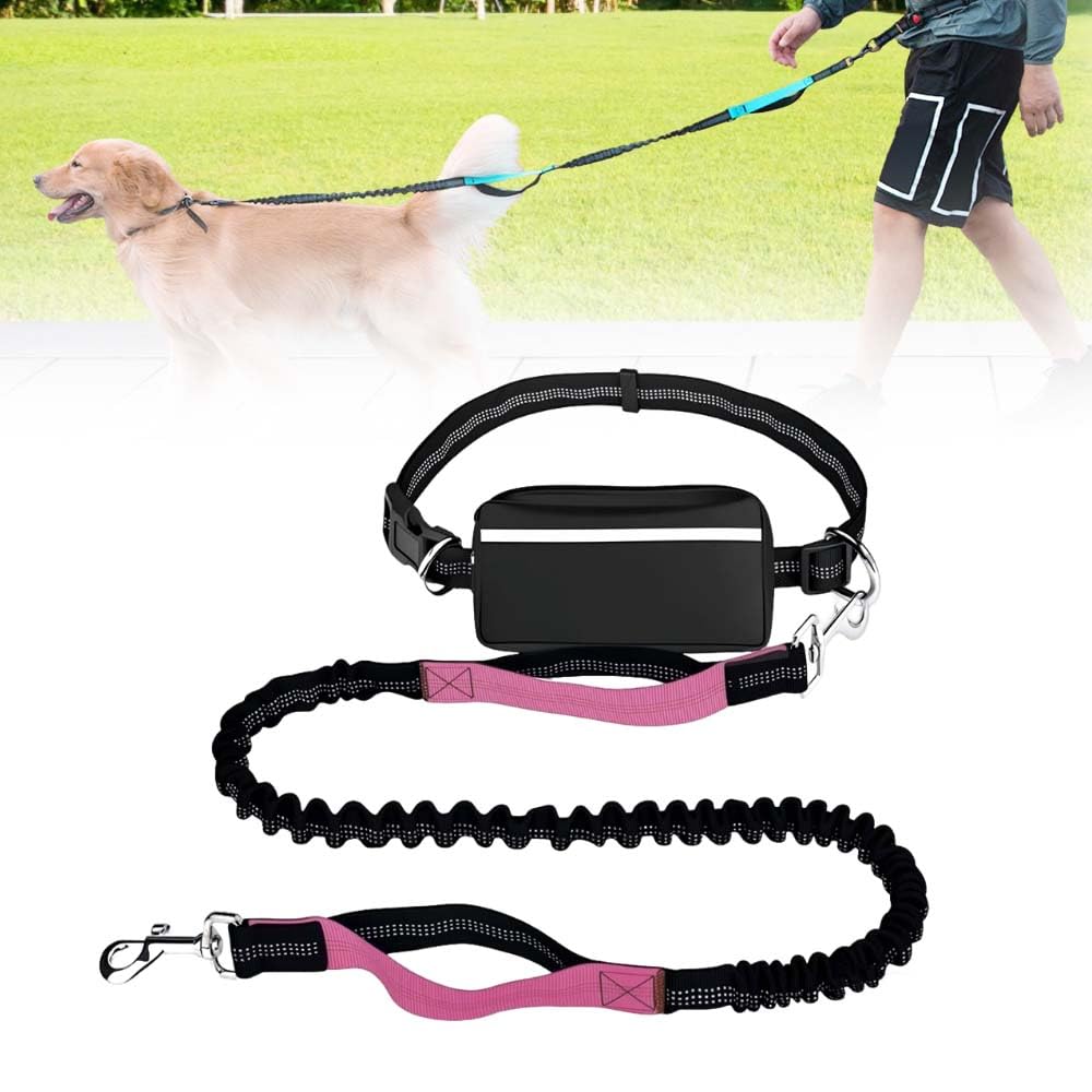 Dog Leash Hands Free with Zipper Pouch, Waist Dog Running Leash with Dual Handles and Bungee, Dogs Leashs Around Waist for Walking Jogging Hiking for Medium and Large Dogs (Pink)