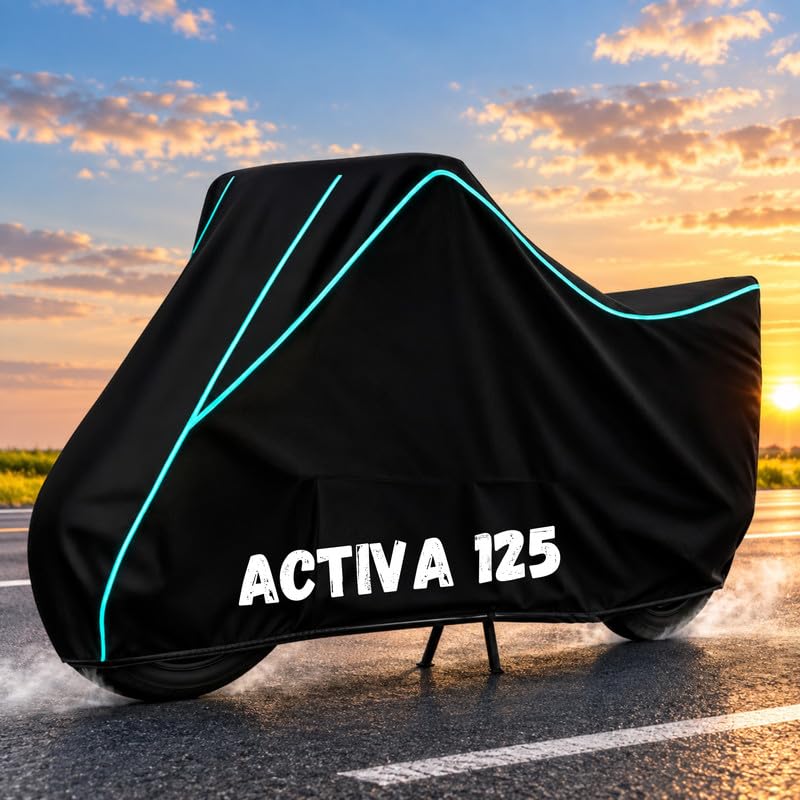 Image of Bike Body Cover for Activa 125 - Heavy Duty Waterproof, Dustproof & Scratch Resistant Motorcycle Cover, Full Body Outdoor Cover with UV & Rain Protection, Black Aqua Piping