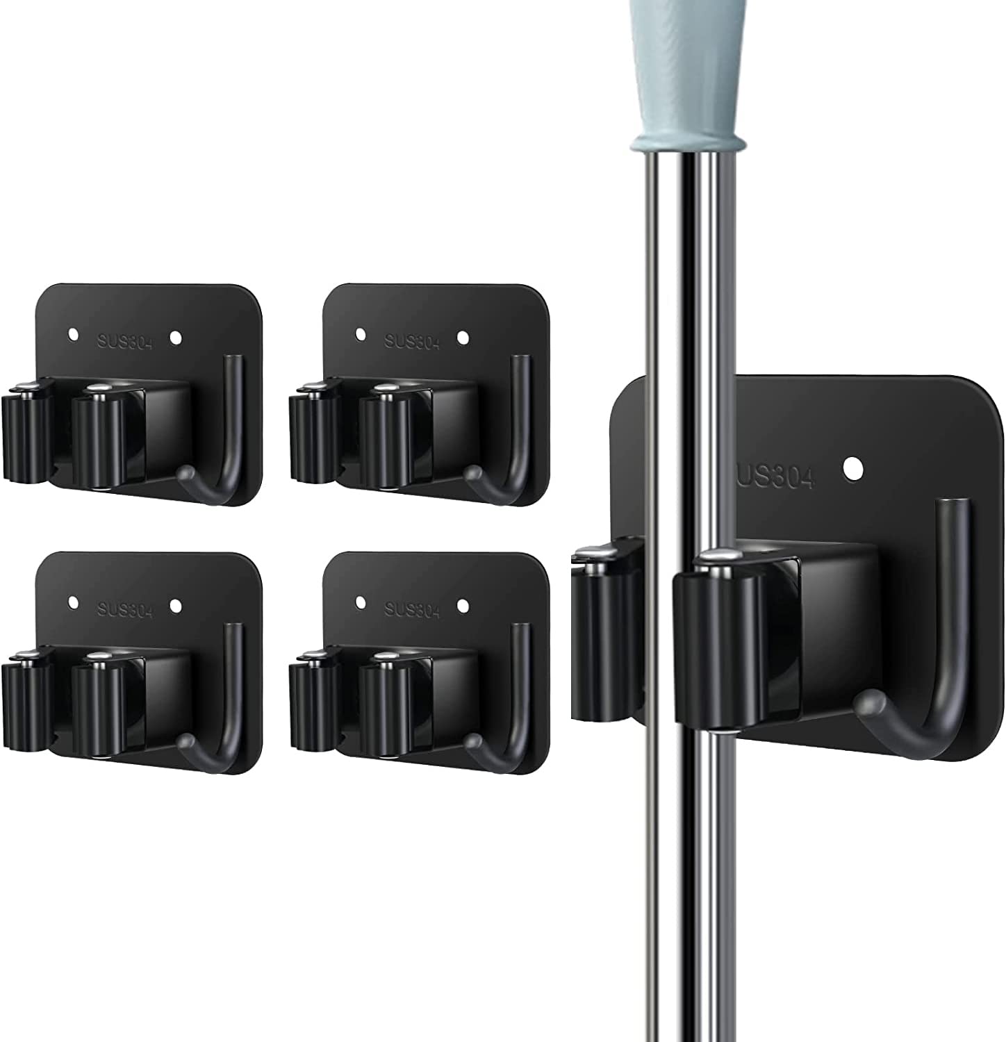 Mop Broom Holder, 4 Pcs SUS304 Stainless Steel Mop Holder Broom Holder Wall Mounted Tool Rack for Bathroom Kitchen Office Closet Garden Garage, Self-Adhesive and Screw Installation Ways, Black