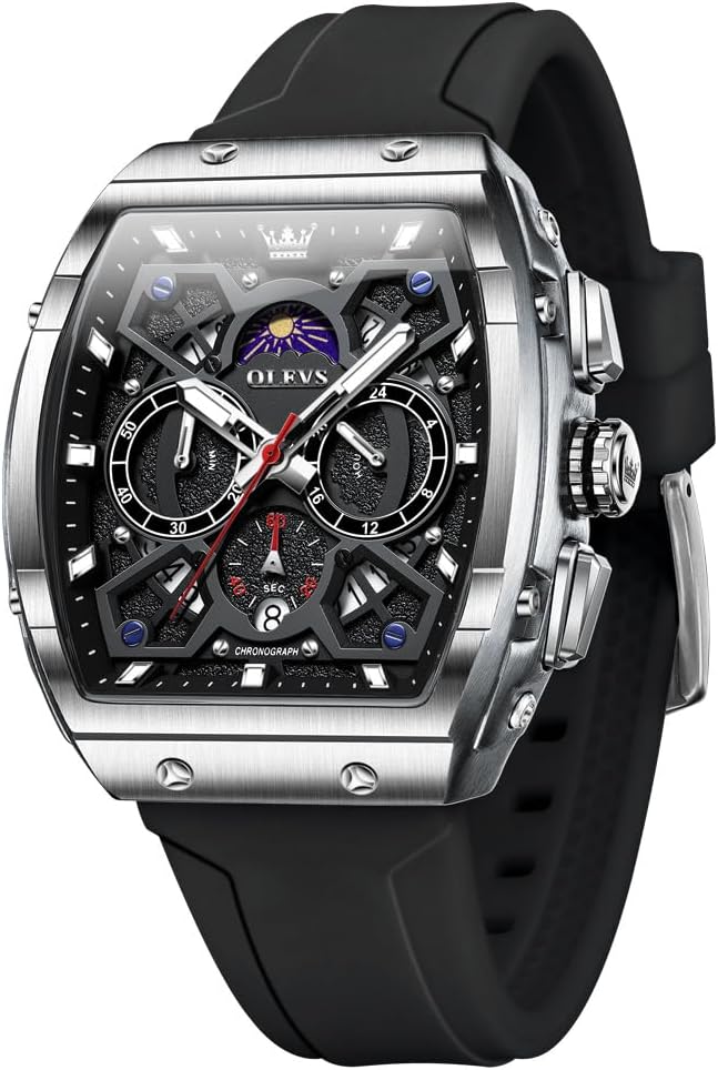 OLEVS Watches for Men Casual Luxury Large Face Multifunctional Chronograph Men's Watches Durable Silicone/Nylon Strap 3ATM Waterproof Men Watch Date Moon Phase Analog Quartz Watch Reloj para Hombre