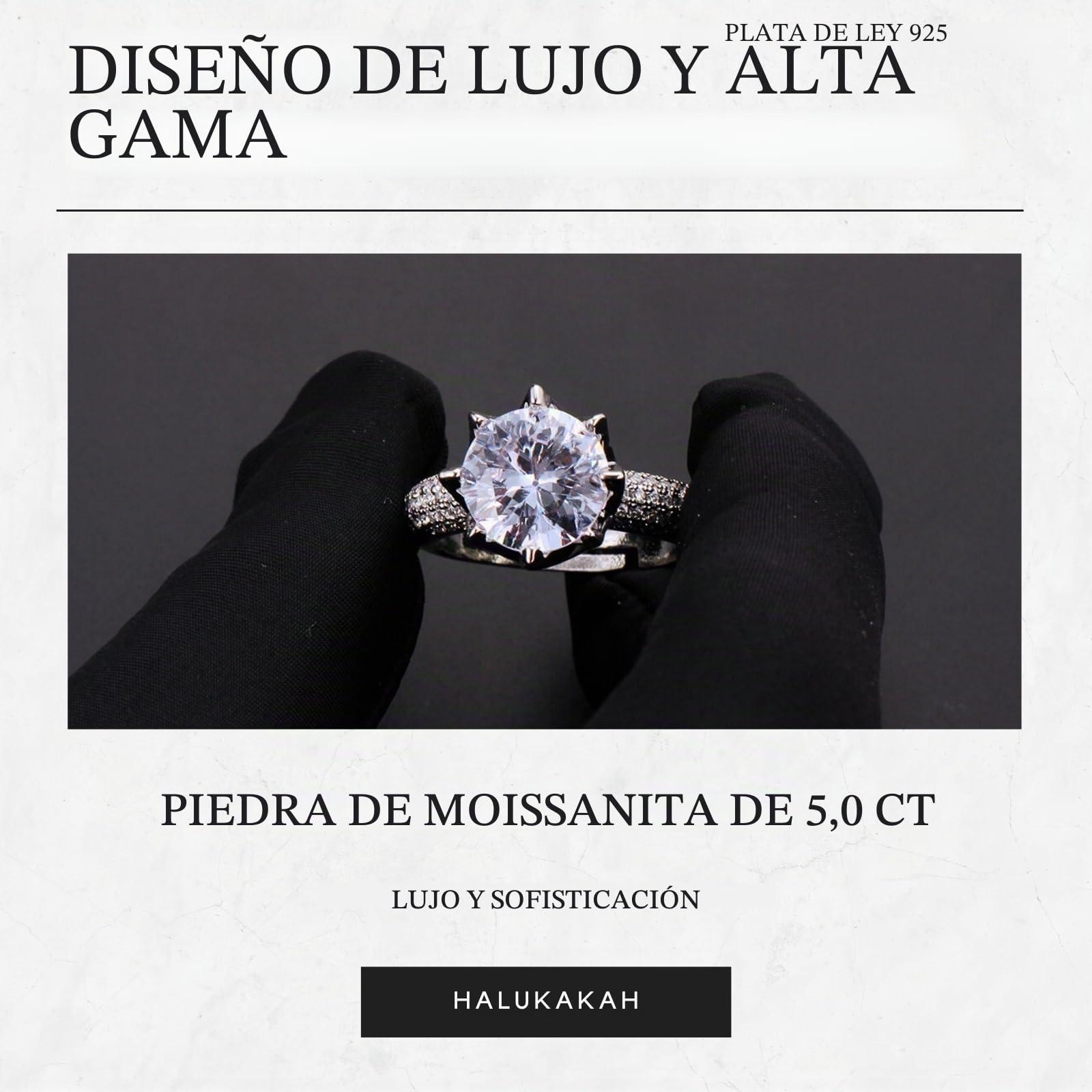HALUKAKAH Anillo para Mujer con Moissanita D5,0 ct Plata de Ley 925 Baño en Platino con Certificado,Diamantes de Laboratorio Etéreos en Redondo Engaste Garras,para Compromisos,Bodas,Talla Ajustable