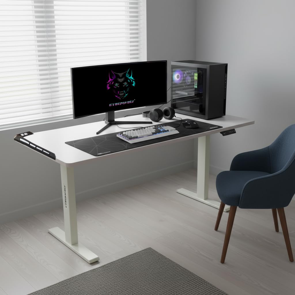Cyberwolf Hydraulic Height Adjustable Desk | Ergonomic Sit-Stand Office & Gaming Table | Manual Height Adjustment | Work from Home Desk | Heavy Duty Steel Frame (White, 160 x 60 x 70 CM)