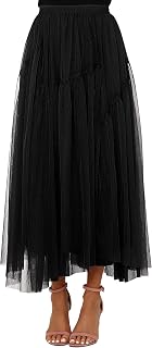 Womens Tulle Skirt Midi Waist Stretchy A-Line Flowy Swing Tiered Formal Prom Party Mesh Tutu Skirts