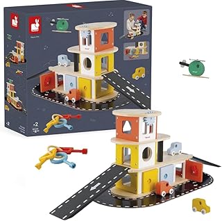 Janod - Bolid Solid Wood Garage - 3 Cars & 1 Helicopter Included - Key Box Function - Imagination & Fine Motor Skills - Water-Based Paints - 2 Years + J04636, Brown