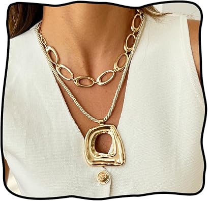 Gold Chunky Necklaces for Women Layered Gold Irregular Geometric Square Pendant Necklace Unique Oval Hollowed Out Choker Hip Hop Style Statement Jewelry Accessories Gifts