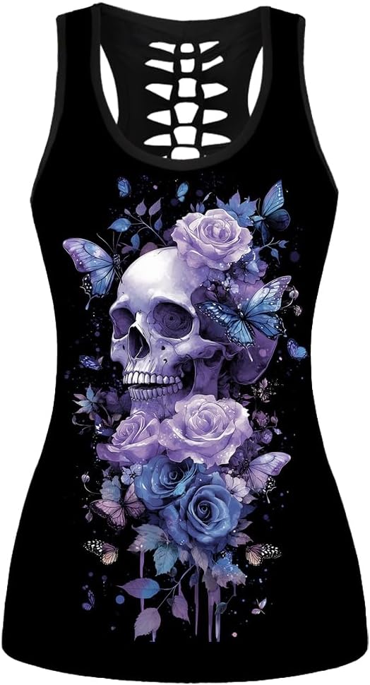 Sister Amy Women's Skull Print Hollow Out T-Shirt Crew Neck Plus Size Tank Top