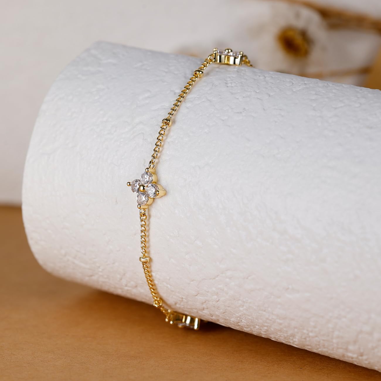 Dainty Lucky Four Leaf Clover Bracelets for Women, Trendy 14K Gold Plated Hypoallergeni Cubic Zirconia Bracelets Cute Paperclip Interlocking Adjustable Chain image 5