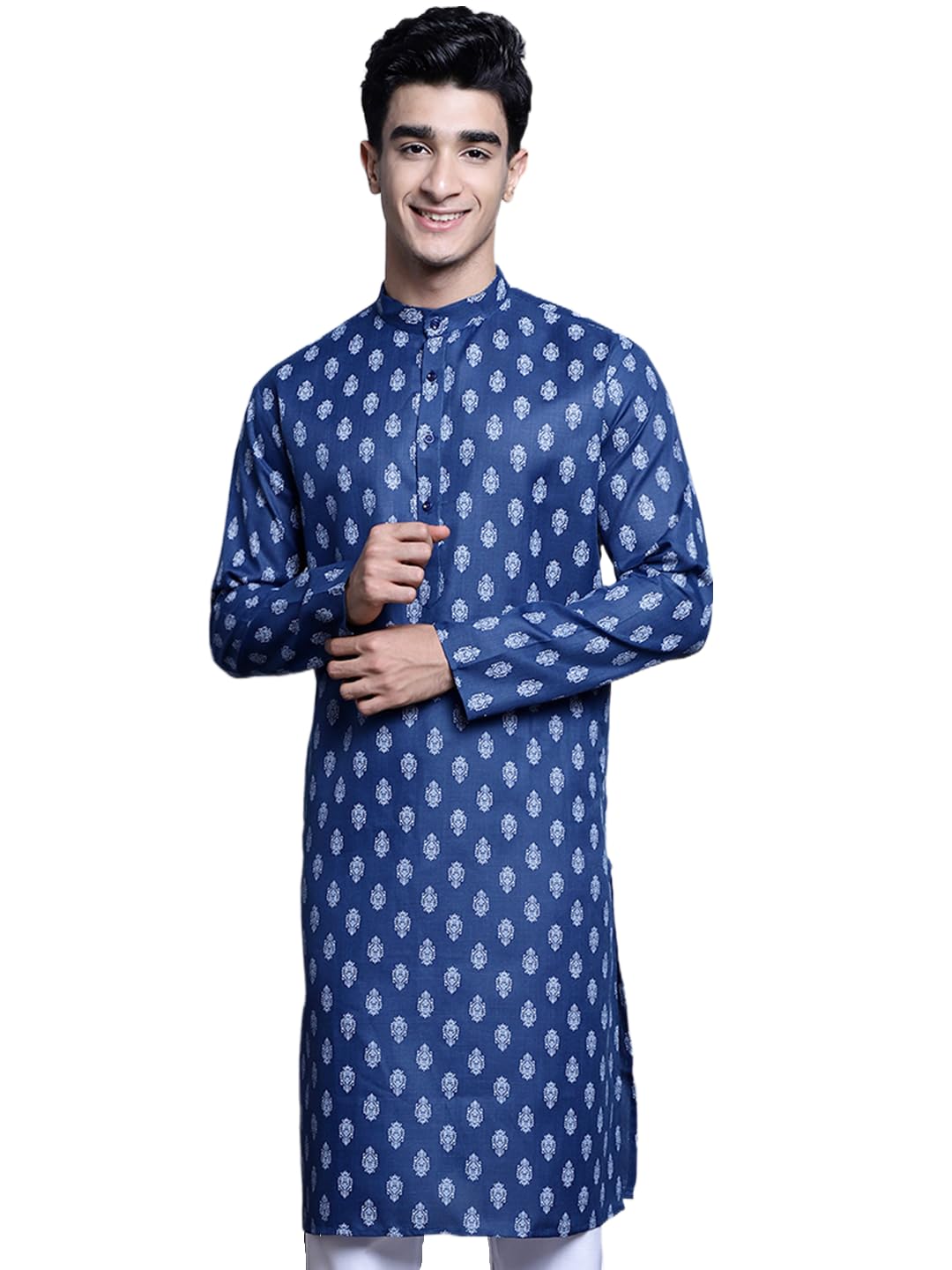 Jompers Men's Cotton Floral Printed Kurtas (Navy, S)