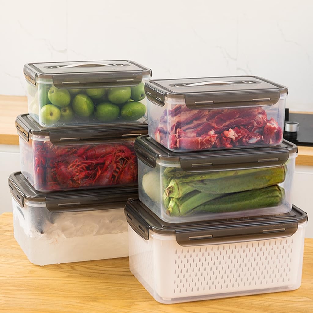 Contenitori per frutta e verdura con colini, salvaspazio, per conservare la freschezza, grandi scatole organizer con coperchio