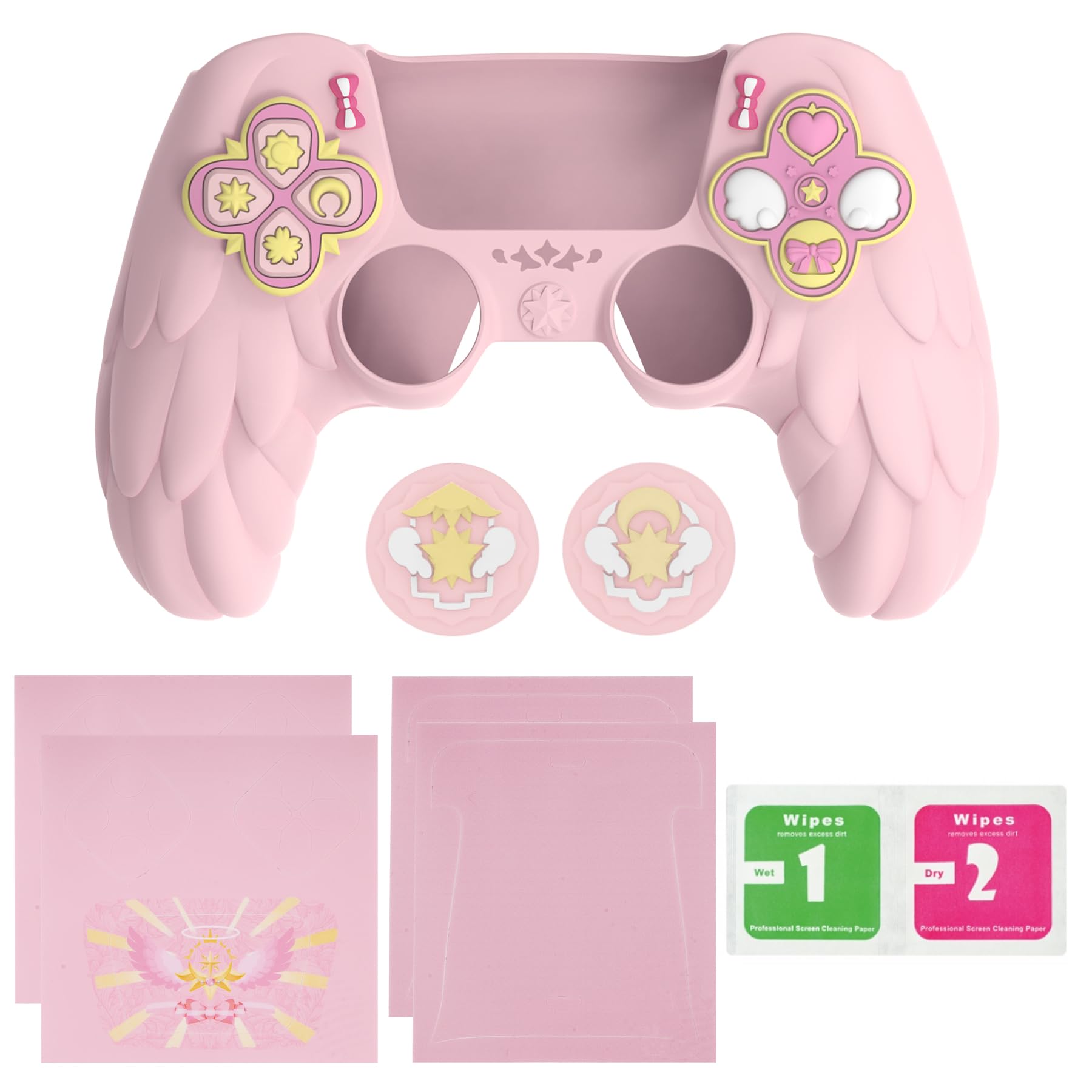 PlayVital Funda de Silicona Protectora para ps5 Mando - Carcasa Suave Antideslizante con Tapas para Joysticks y Pegatinas, Compatible con Base de Carga - Serie Magic Wings (Rosa)