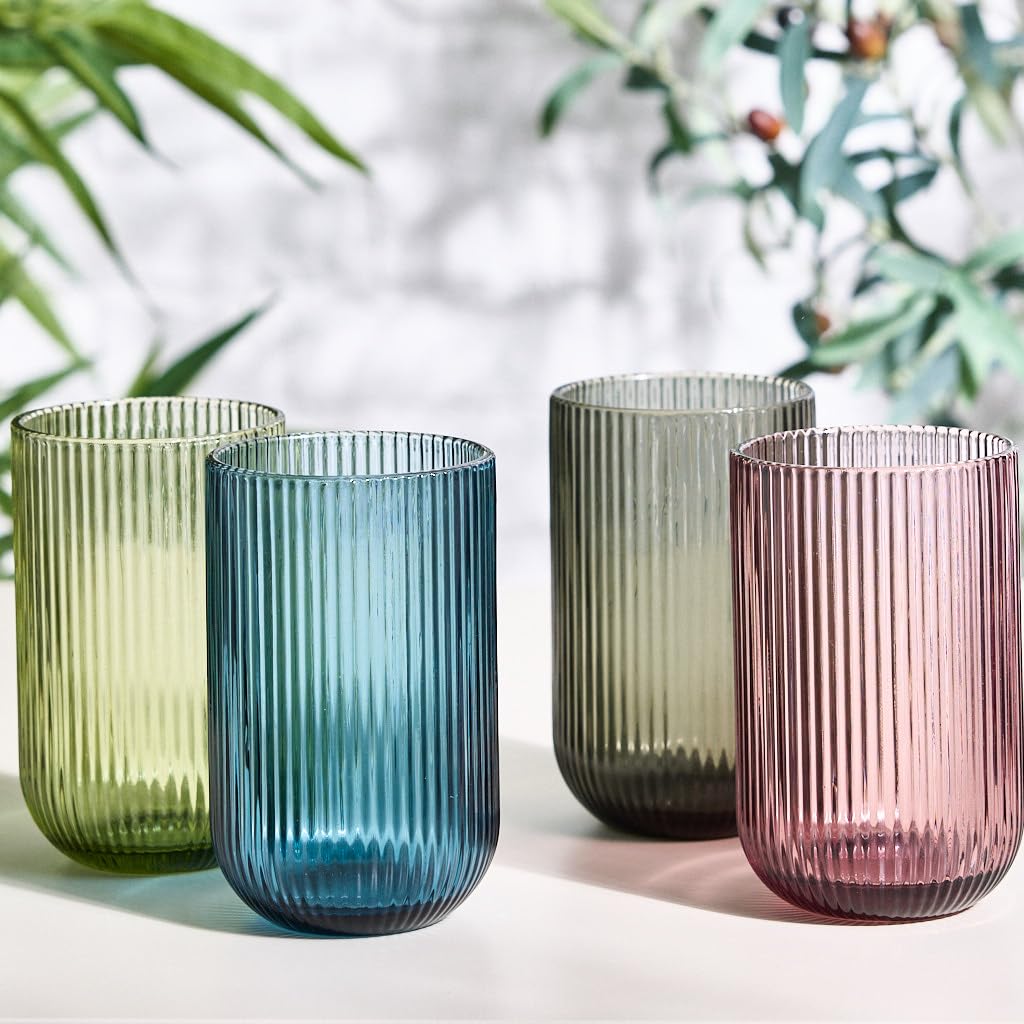Dibor Set Of 4 Ribbed Tumbler Glasses 270ml Retro Mid-Century Modern Style Rippled Finish Dishwasher Safe Drinking Glasses Alfresco Dining Cocktail Tumbler Glass Glassware Set (Blue - View #10