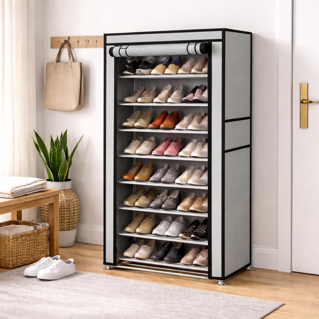 RAXON WORLD 9-Tier Shoe Rack, Shoe Storage Cabinet with Dustproof Cover, Free-Standing Shoe Storage Organizer for Closet, Entryway, Hold 36+ Pairs of Shoes, for Sneakers, High Heels - Grey