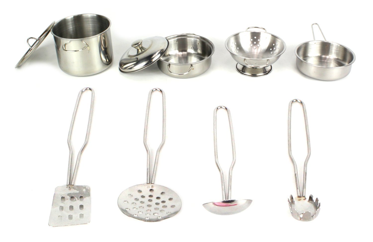 VT Complete 11 Piece Metal Diecast Children's Kid's Toy Kitchen Utensils Kitchenware Play Set, Comes w/ 2 Pots with Lids, Pan, Colander, Utensils, Square Oven Mitt (Colors May Vary)