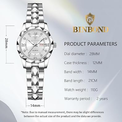 BINBOND Womens Watch Fashion Diamond Elegant Dress Date Ladies Small Wrist Watches for Women Two Tone Stainless Steel Waterproof Luminous