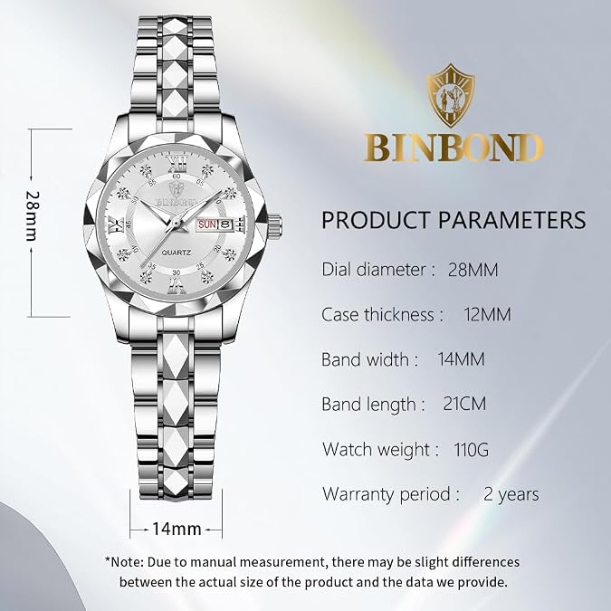 BINBOND Womens Watch Fashion Diamond Elegant Dress Date Ladies Small Wrist Watches for Women Two Tone Stainless Steel Waterproof Luminous