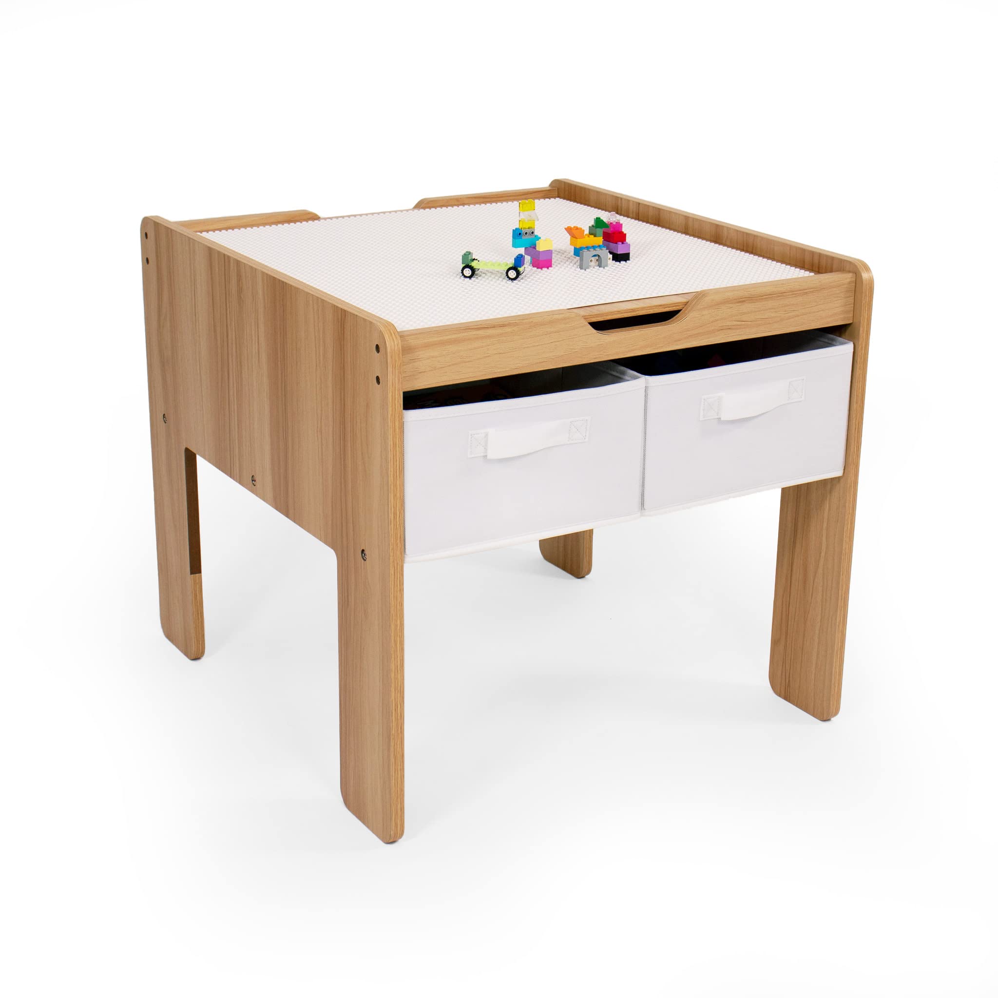 Humble Crew Journey Basteltisch aus Holz für Kinder – mit 4 Aufbewahrungsboxen, kompatibel mit Bauklötzen, Weiß/Naturholz