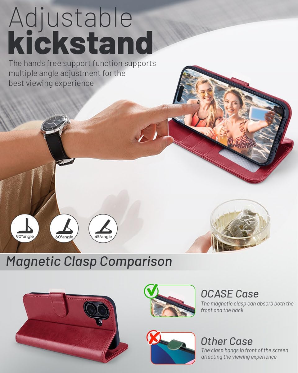 OCASE for iPhone 17 Wallet Case, PU Leather Flip Cover with Card Holder, RFID Blocking, Kickstand, Magnetic Closure, Protective Phone Case for iPhone 17 6.3-Inch 2025, Red