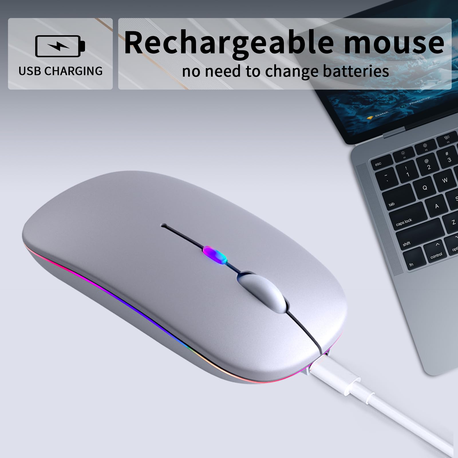 KANMABPC Ratón Bluetooth inalámbrico, recargable, silencioso, modo dual (Bluetooth 5.2 y USB) con luces LED, portátil para laptop, computadora de escritorio y tableta (plateado)