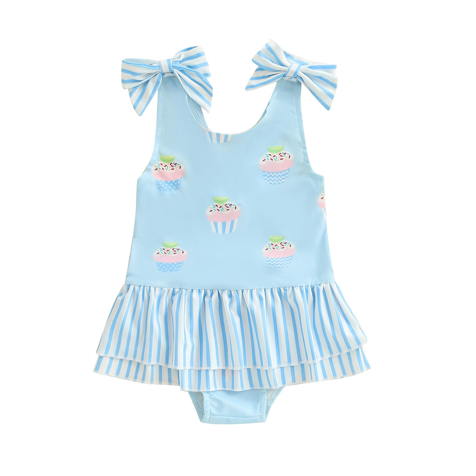 ZAXARRA Kid Girl Bow Swimsuit Striped Lemon Cupcake Print U Neck Sleeveless Ruffled Bathing Suits Cute Beachwear (Blue, 2-3 Years)