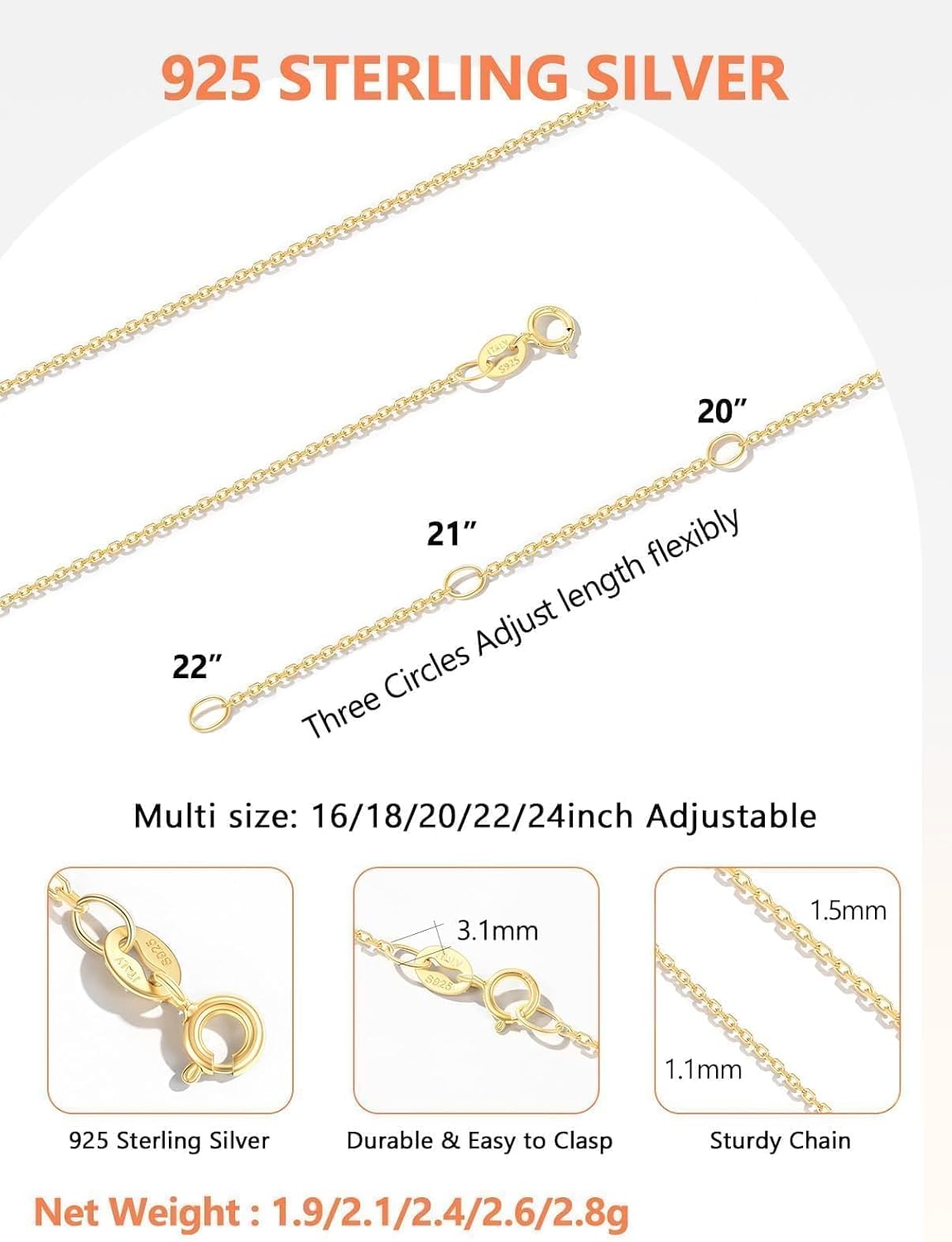 Silvora 925 Sterling Silver Chain Necklace 1.1/1.5mm Thin Silver Chain for Women-Sturdy & Shiny-Women's Chain Necklaces,Adjustable Length 16/18/20/22/24 Inches - Image 7